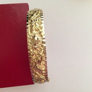 18K Solid Real Gold Engraved Dragon Phoenix Bangle